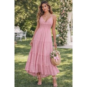 Shasa Maxi Dress Womens L Pink Crochet Tiered Boho Festival Y2K Romantic